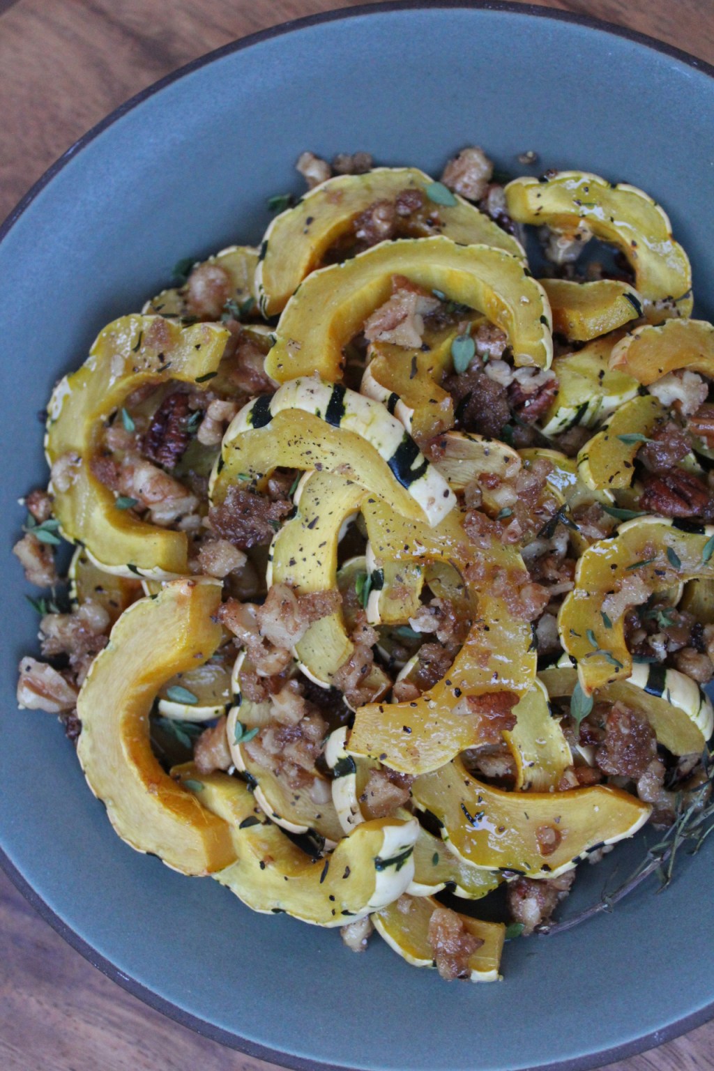 Roasted Delicata Squash with Fresh Thyme and Candied Pecans 