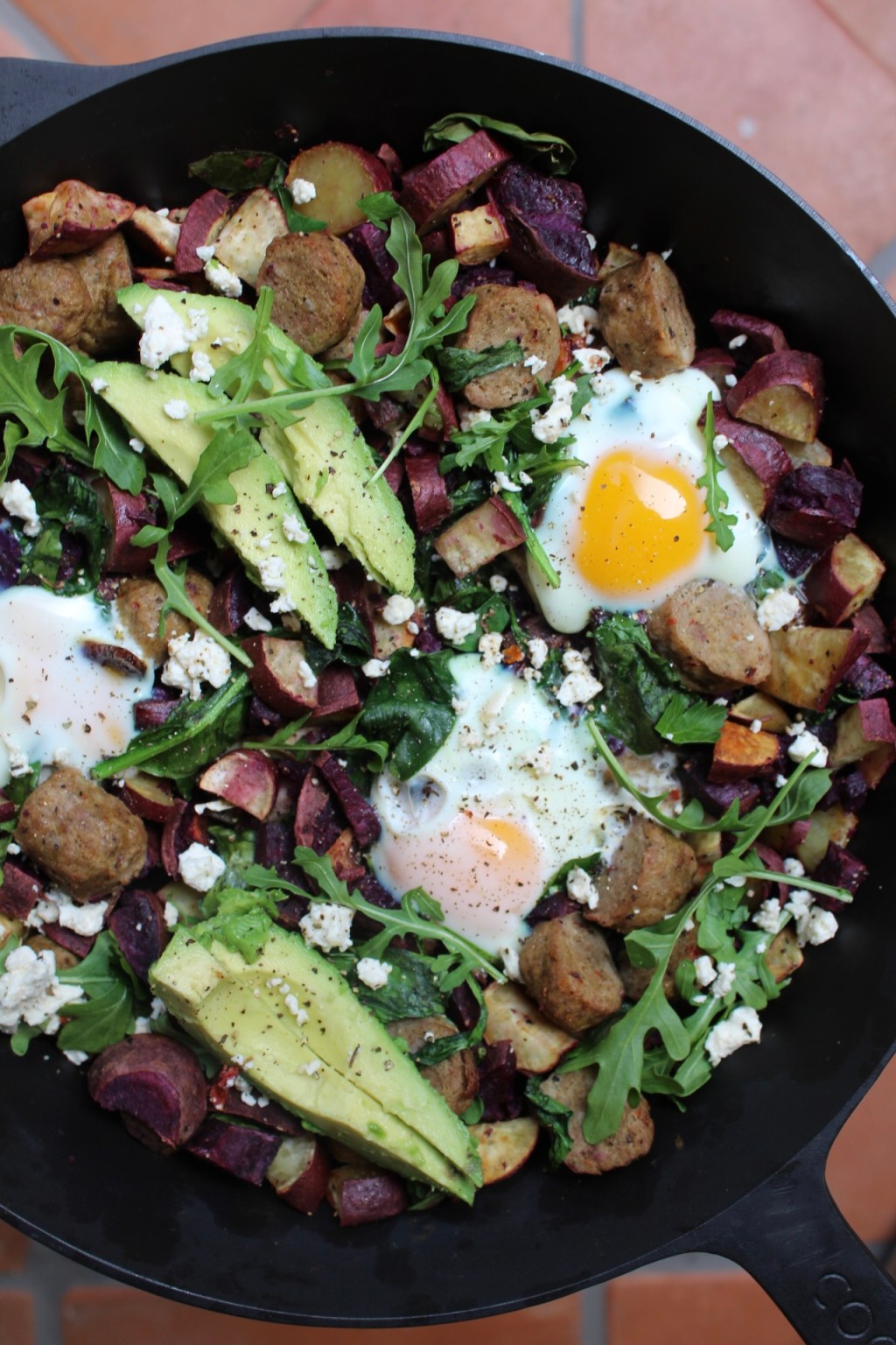 Japanese Sweet Potato Skillet with Avocado, Eggs, and&nbsp;Sausage