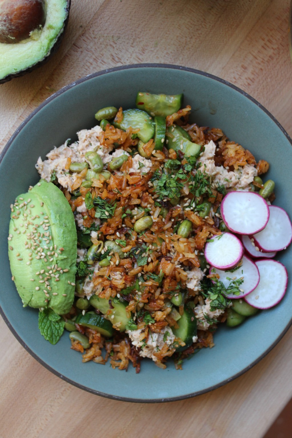 Crispy Rice Salad with Spicy Miso Salmon & Kimchi&nbsp;Cucumbers